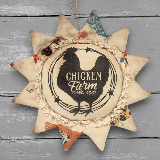 Primitive handmade fabric sunflower ornament advertising for a chicken farm and fresh eggs