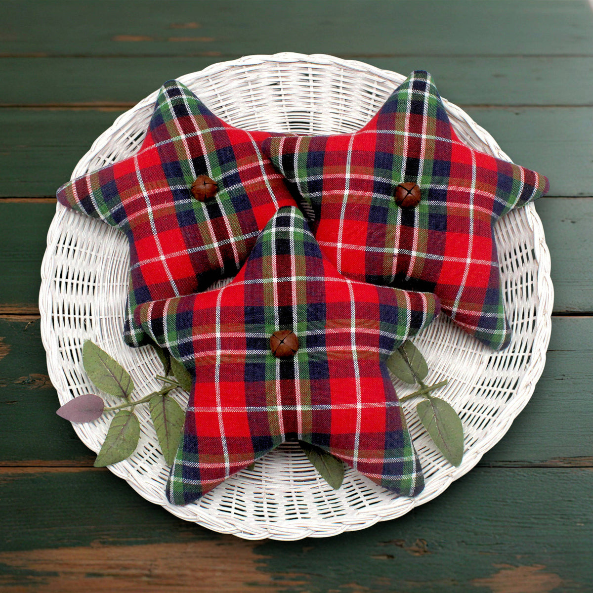 Set of three homespun fabric stars in a red plaid mix for Christmas or for a cabin