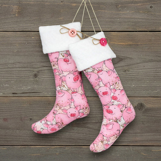 Handmade country primitive Christmas stocking ornaments with cute pink pigs design