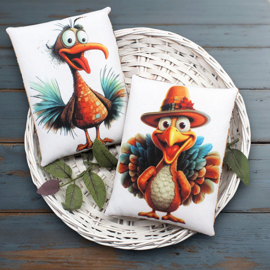 Set of two colorful funny Thanksgiving turkeys on mini pillow bowl fillers