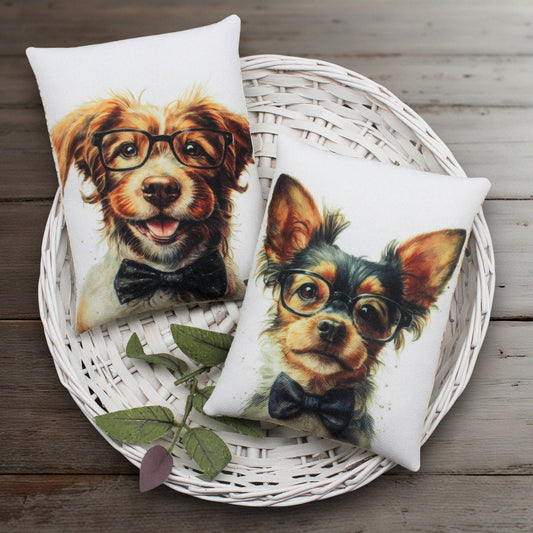 Two decorative pillows with dog illustrations wearing glasses and bow ties on a woven basket.