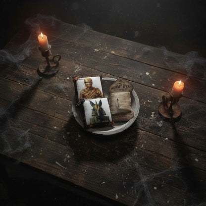 Spooky still life with candles, a bowl, and wrapped items on a dark wooden surface.