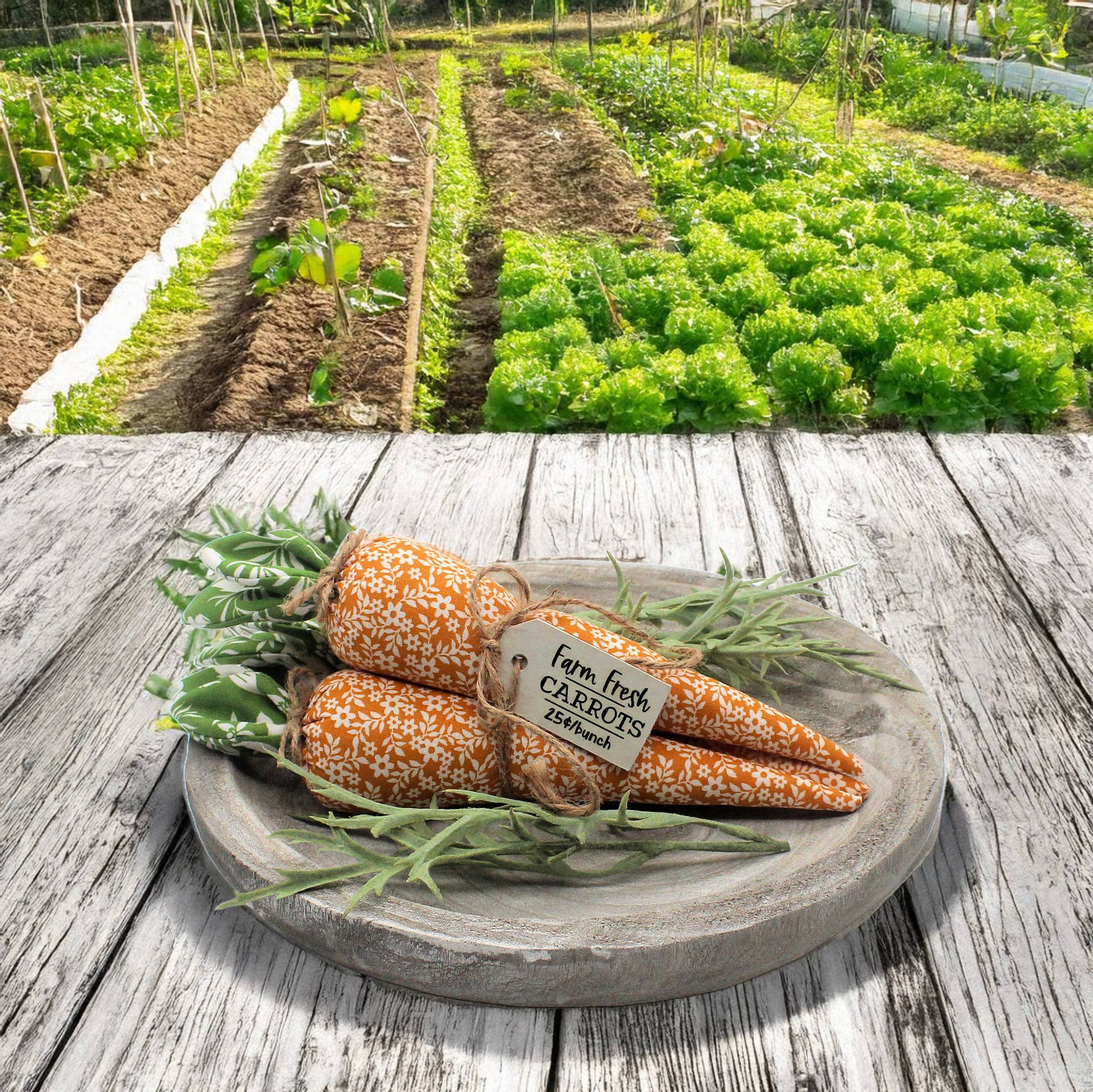 Decorative carrots on a wooden surface with a garden in the background