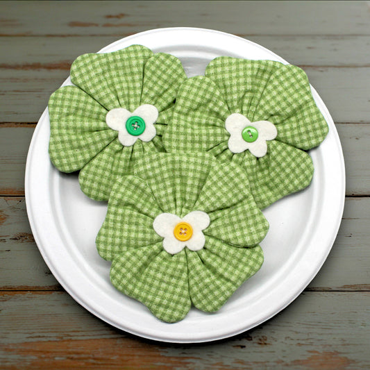 set of three flower bowl fillers in a green check print fabric