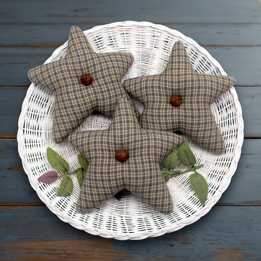 Set of three plush stars made from colonial blue and tan homespun  fabric