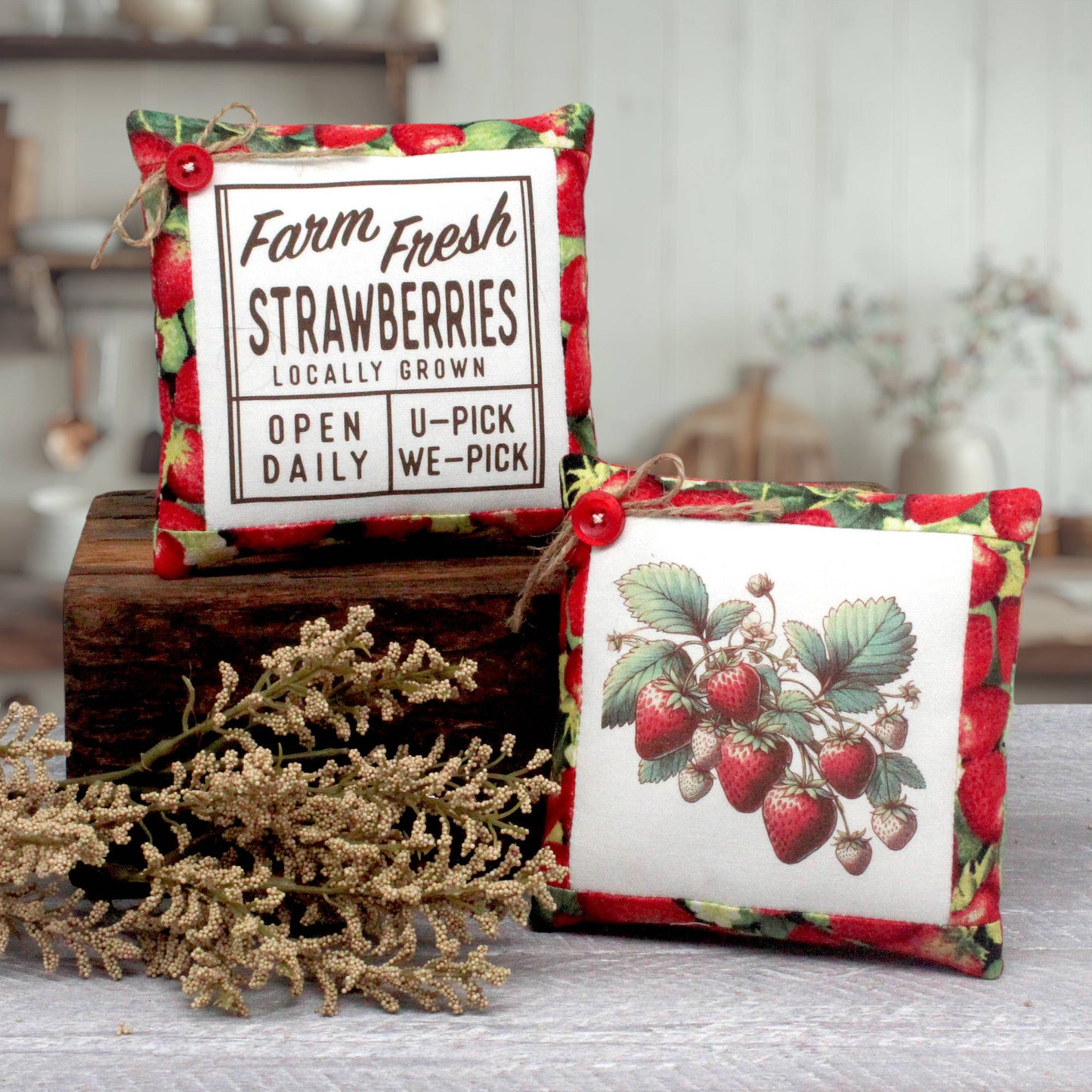 Two strawberry-themed fabric decorative mini pillows displayed on a rustic wooden block with dried floral stems in the foreground. One pillow features a vintage-style 'Farm Fresh Strawberries' label print, and the other shows a detailed illustration of strawberries and green leaves on a white background, both with red strawberry-patterned borders.