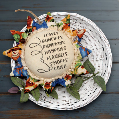Primitive sunflower ornament with fall favorite activities text