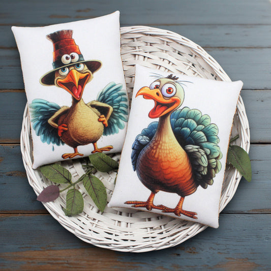 Set of two mini pillow bowl fillers with colorful funny turkey designs
