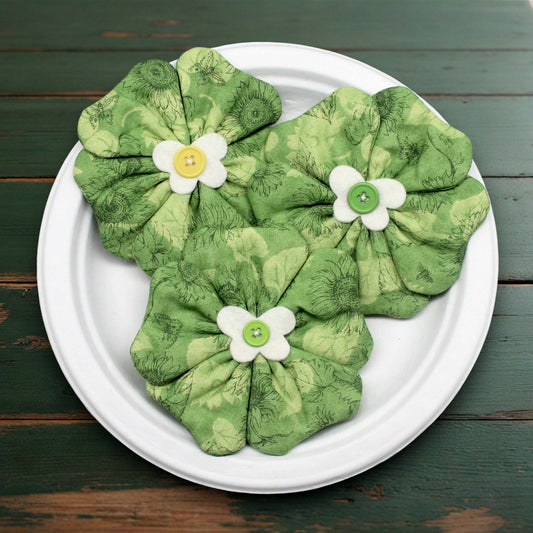Set of three flower bowl fillers in a green floral print fabric