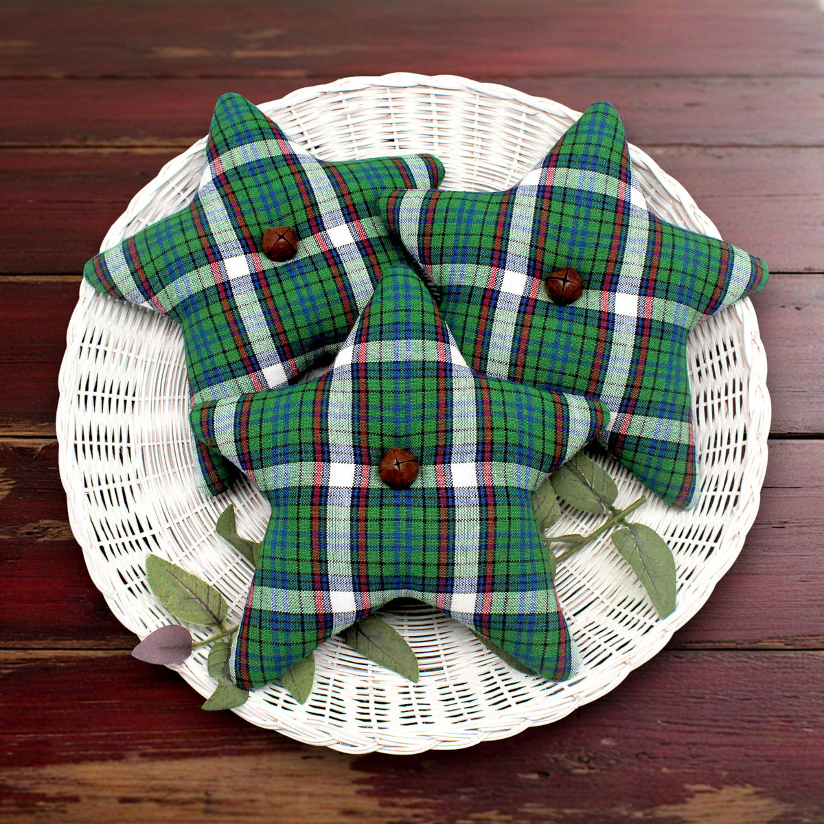 Set of three homespun fabric stars bowl fillers with a green plaid mix for Christmas