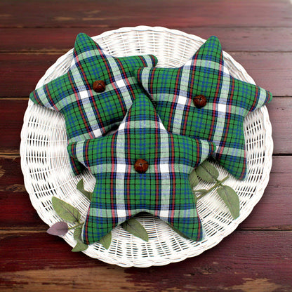 Set of three homespun fabric stars bowl fillers with a green plaid mix for Christmas