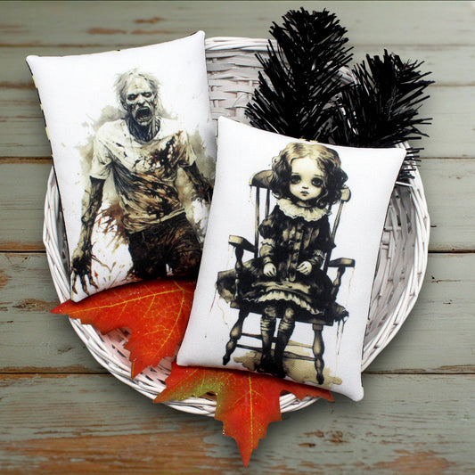 Two Halloween-themed pillows with a zombie and a doll design, placed in a decorative basket.