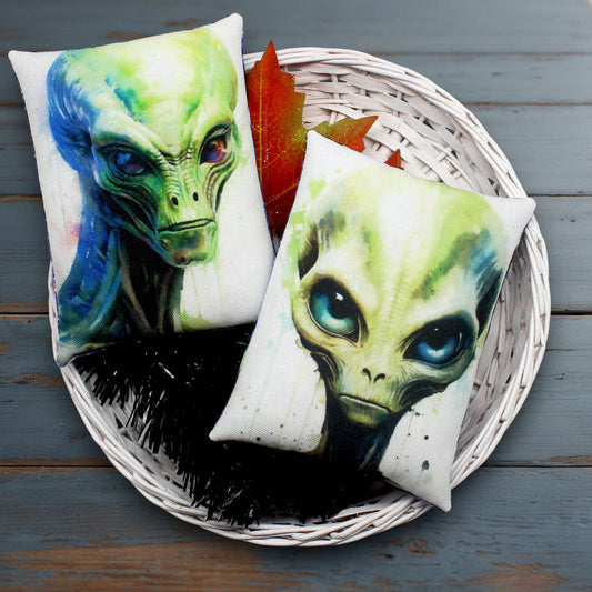 Two alien-themed pillows in a wicker basket on a wooden surface