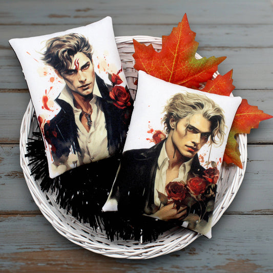 Set of two mini pillow bowl fillers for Halloween decorating featuring  couple of handsome young vampire men