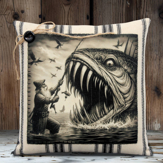Decorative pillow with a black and white illustration of a fisherman and a large fish with huge teeth