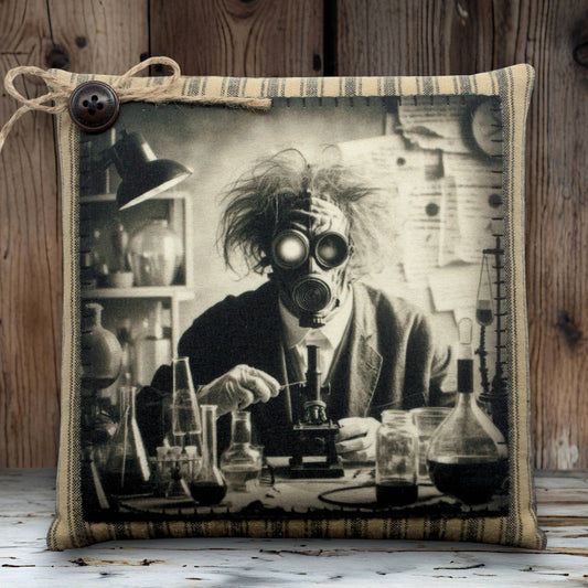 Pillow with a vintage-style print of a scientist in a lab wearing a gas mask.