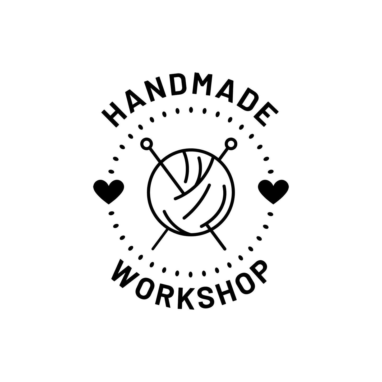 Logo for Handmade Workshop with a yarn ball and hearts on a white background