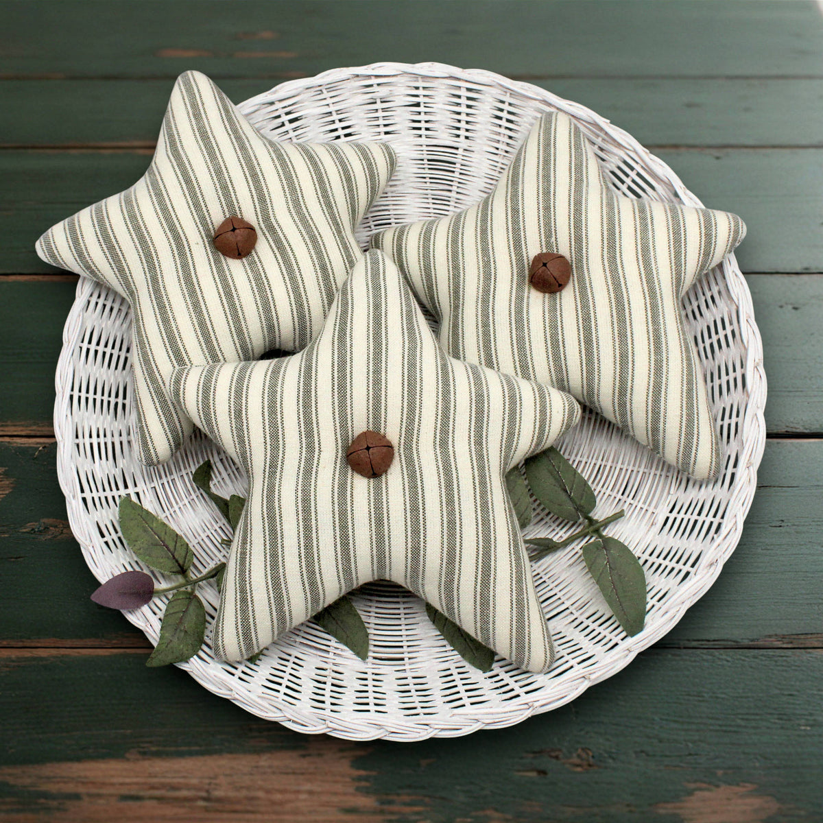 Set of three homespun fabric bowl fillers in a striped pattern with green and off-white