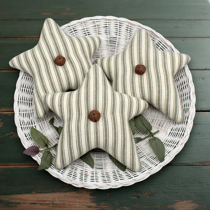 Set of three homespun fabric bowl fillers in a striped pattern with green and off-white