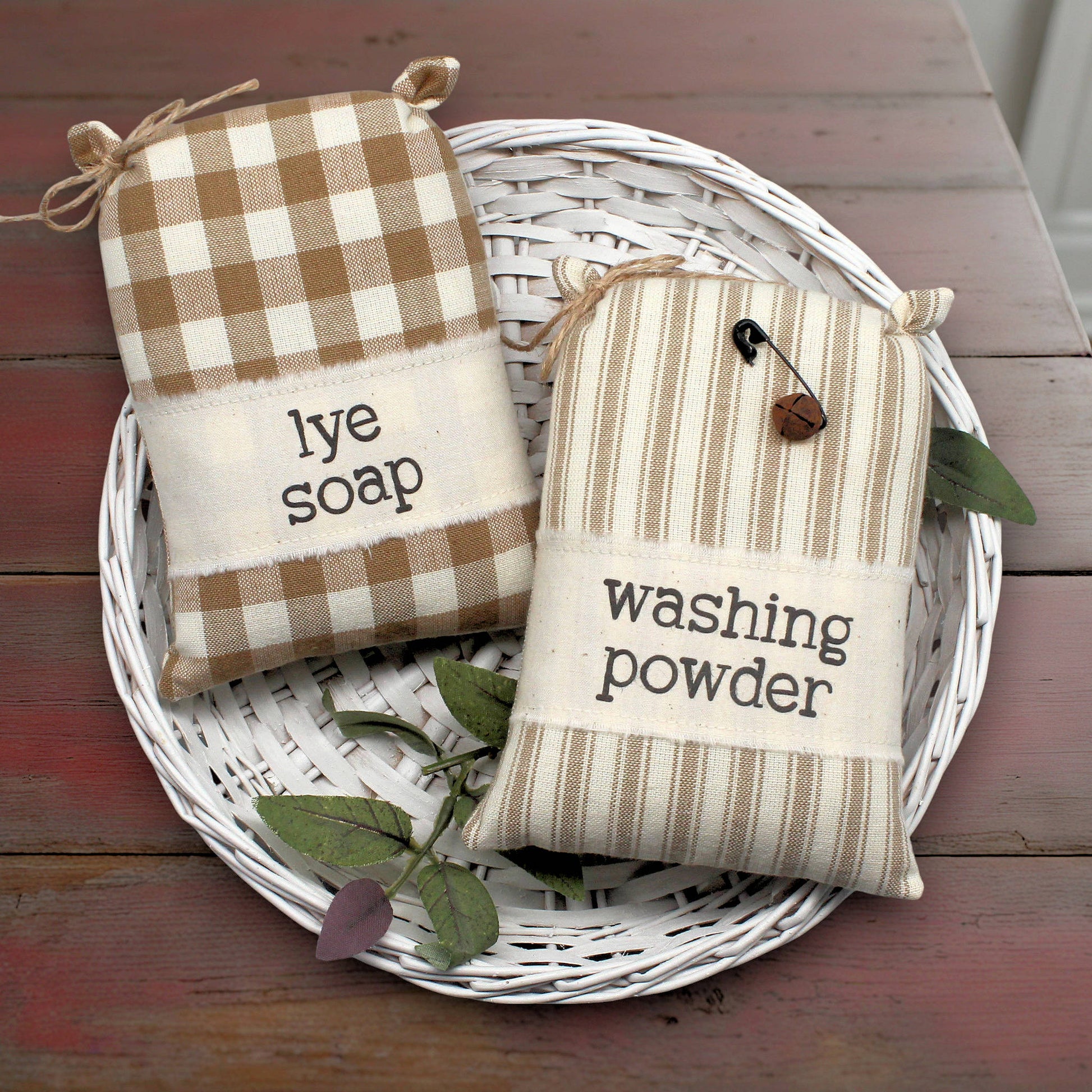 Set of two mini feedsack style bowl fillers with washing powder and lye soap labels for decorating a laundry room