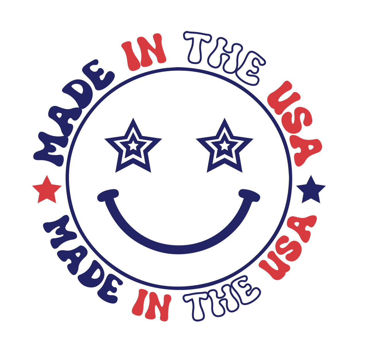 Smiley face with 'Made in the USA' text and stars on a white background