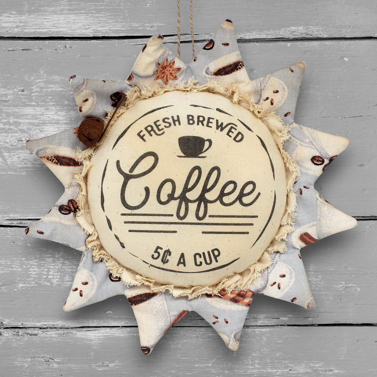 Primitive handmade fabric sunflower ornament or bowl filler with a printed center that advertises for fresh brewed coffee.