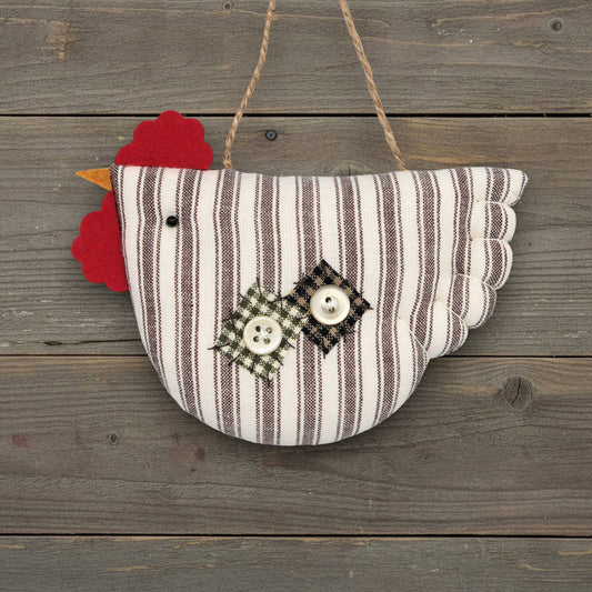 Country chicken ornament sewn from brown and eggshell striped homespun fabric