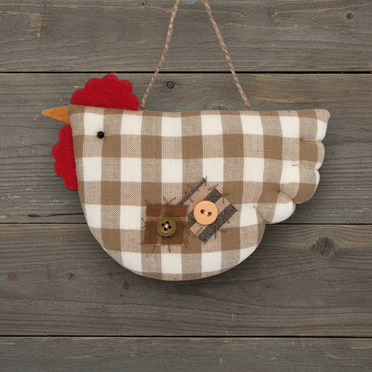 Checkered chicken ornament on a wooden background