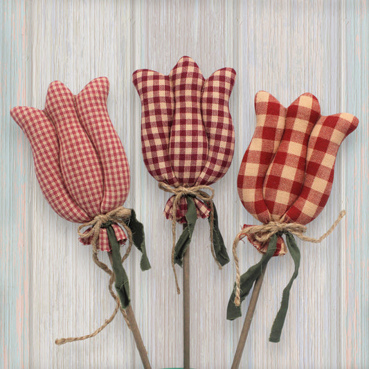 Three homespun tulip poke decorations
