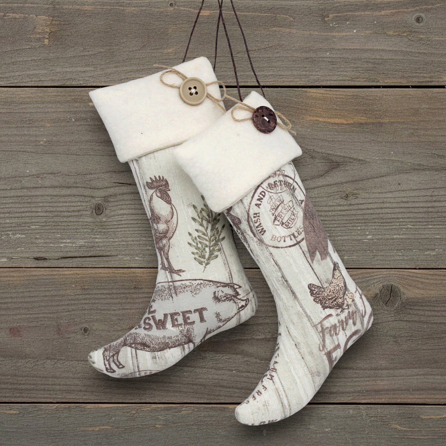 Decorative stockings with vintage-style farmers market patterns on a wooden surface