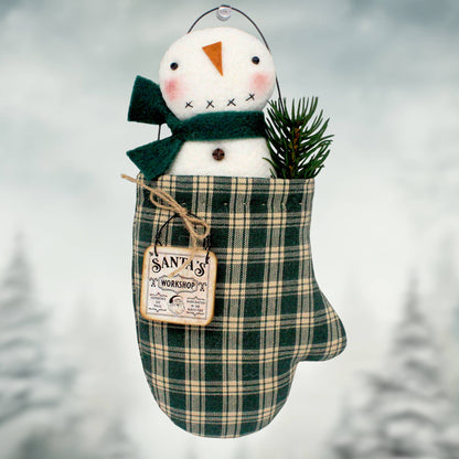 Primitive Snowman in Homespun Mitten Ornament – Rustic Winter Decor
