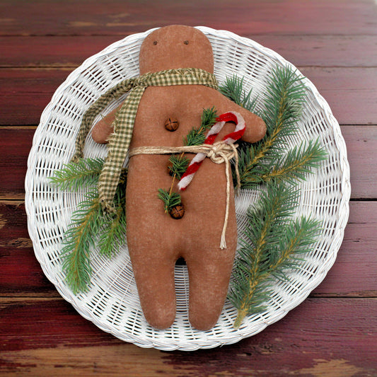 Decorative gingerbread man with candy canes and greenery on a white plate against a wooden background