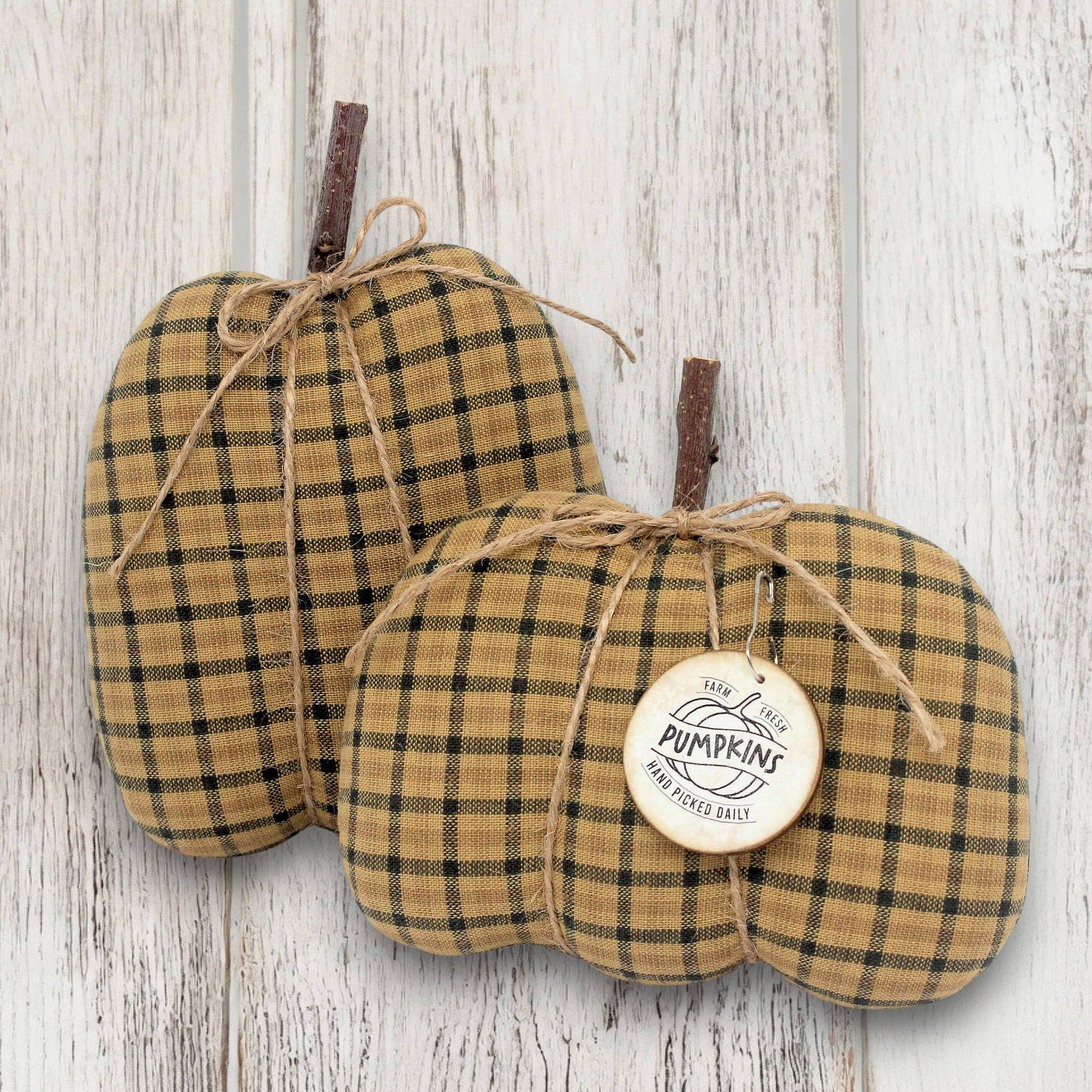 Set of two primitive pumpkin bowl fillers made from gold, brown and green homespun fabric