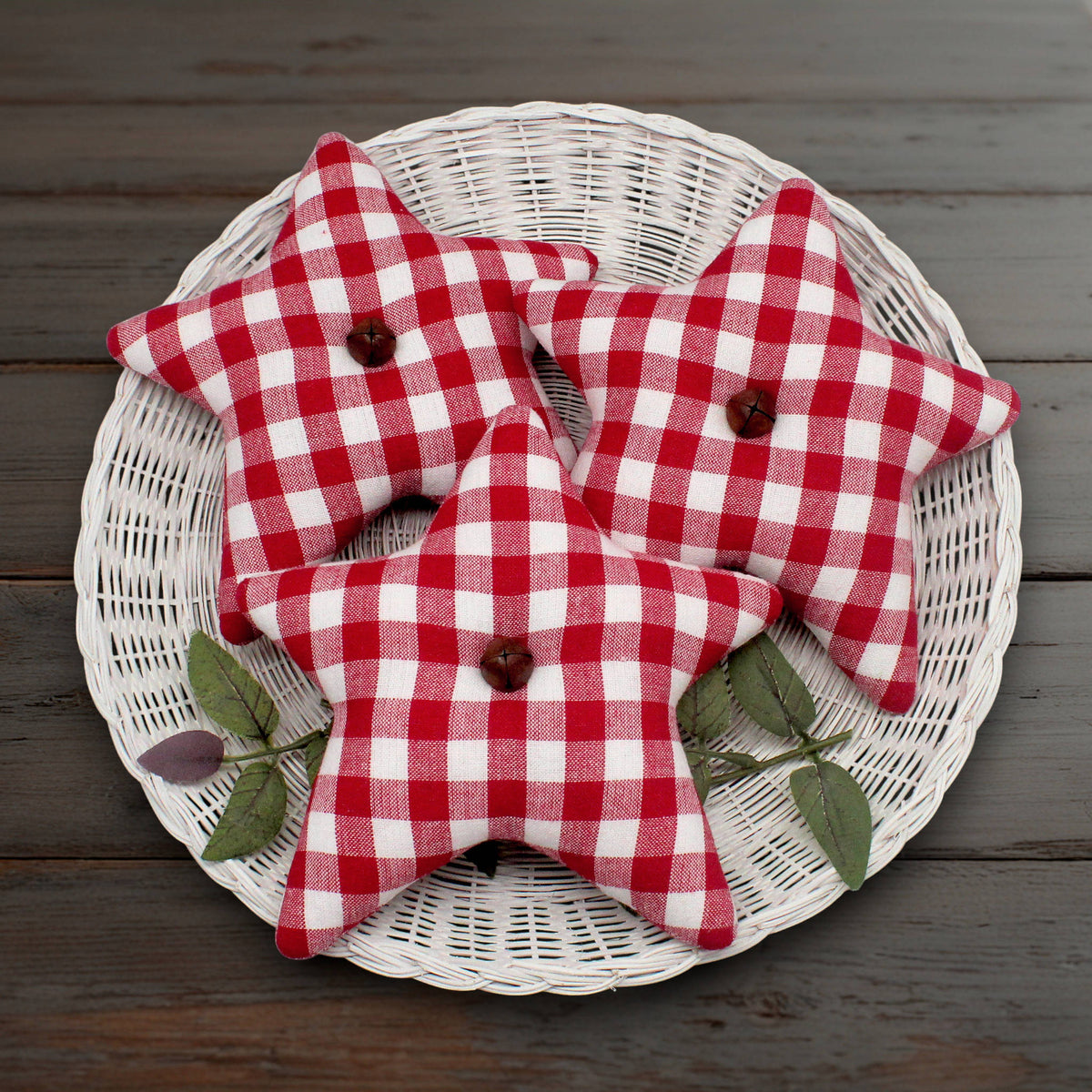 Set of three primitive homespun star bowl fillers in a red and white checked weave