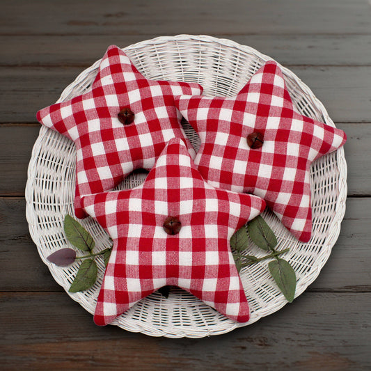 Set of three primitive homespun star bowl fillers in a red and white checked weave
