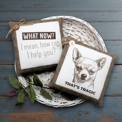 Two decorative square mini pillows displayed on a white woven tray over a distressed blue wooden surface. One pillow has a brown band with the text 'WHAT NOW? I mean, how can I help you?' and the other has a brown band with a black-and-white chihuahua illustration and the text 'THAT'S TRAGIC'.