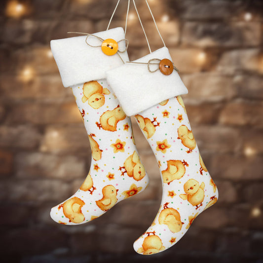 Pair of stocking ornaments with fleece cuffs and a fabric print with cute yellow spring chicks