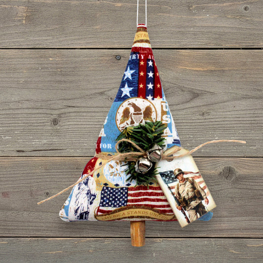 Handmade Christmas tree-shaped ornament with an American flag theme