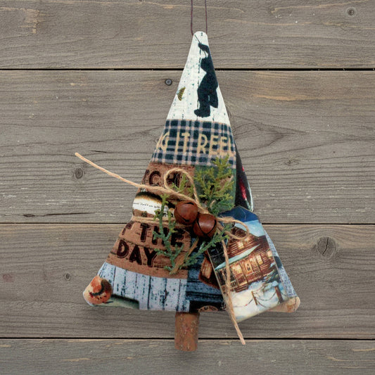 Handmade Christmas tree ornament with a fishing cabin theme
