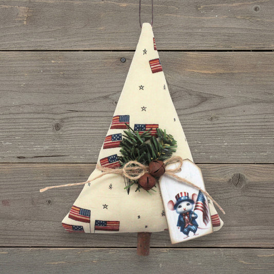 Handmade tree-shaped Christmas ornament with American flags and stars