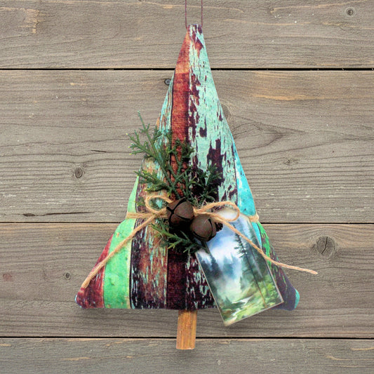 Tree-shaped Christmas ornament handmade from fabric with a weathered wood design