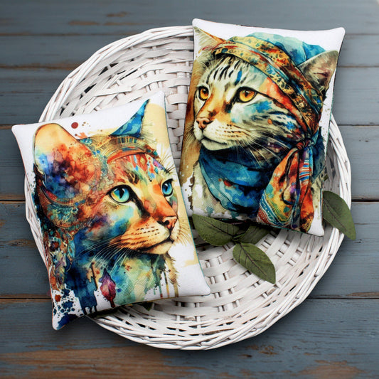 Colorful cat-themed pillows on a wicker basket with a wooden background