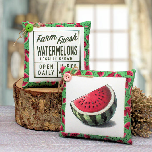 Two decorative square throw mini pillows with green and red watermelon-patterned fabric borders, styled on a rustic wood slice with a blurred indoor background. One pillow shows a white panel with the text 'Farm Fresh Watermelons Locally Grown Open Daily U-Pick,' and the other shows a watermelon slice graphic with a pink button accent.