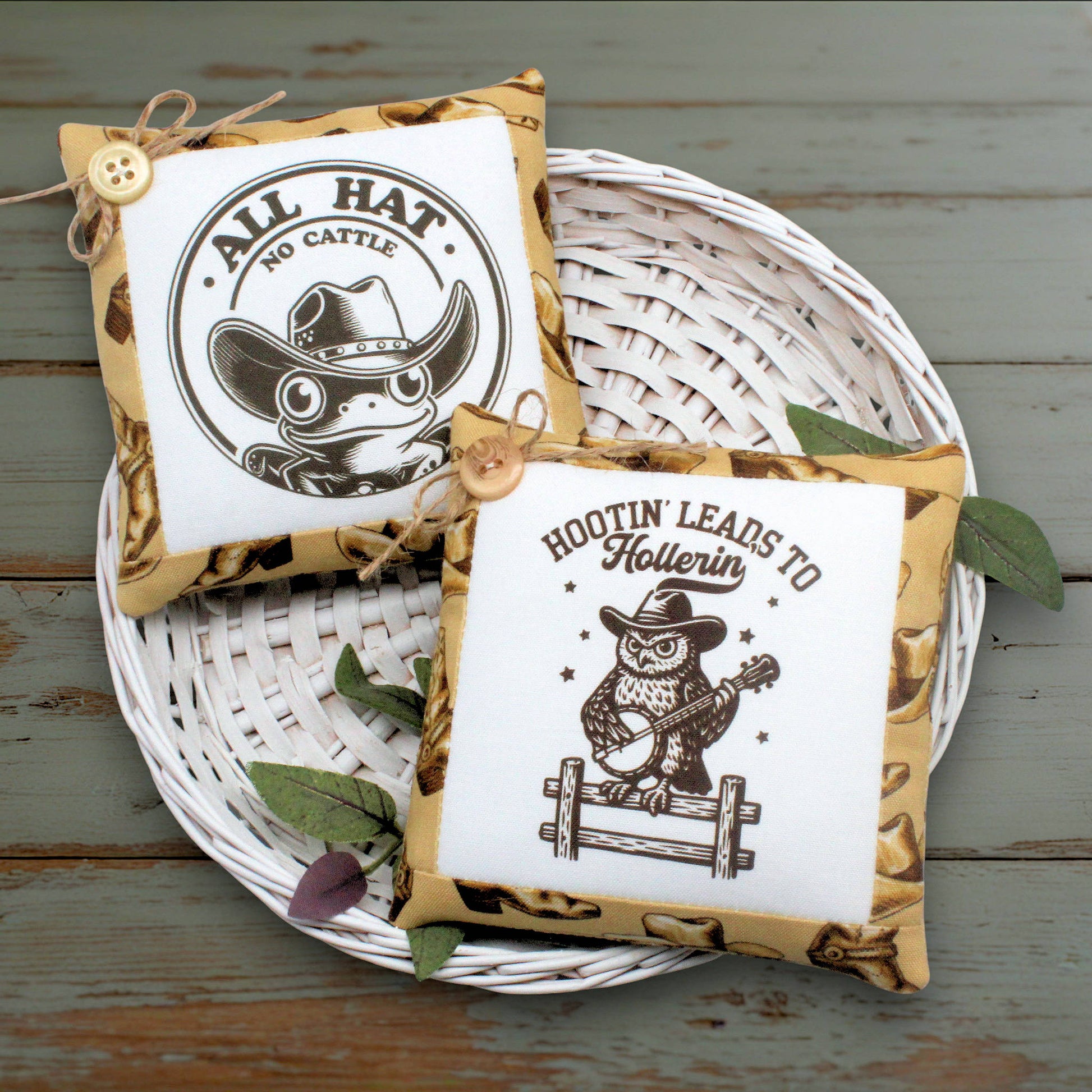 Set of two mini pillow bowl fillers featuring a frog in a Stetson hat and an banjo-playing owl