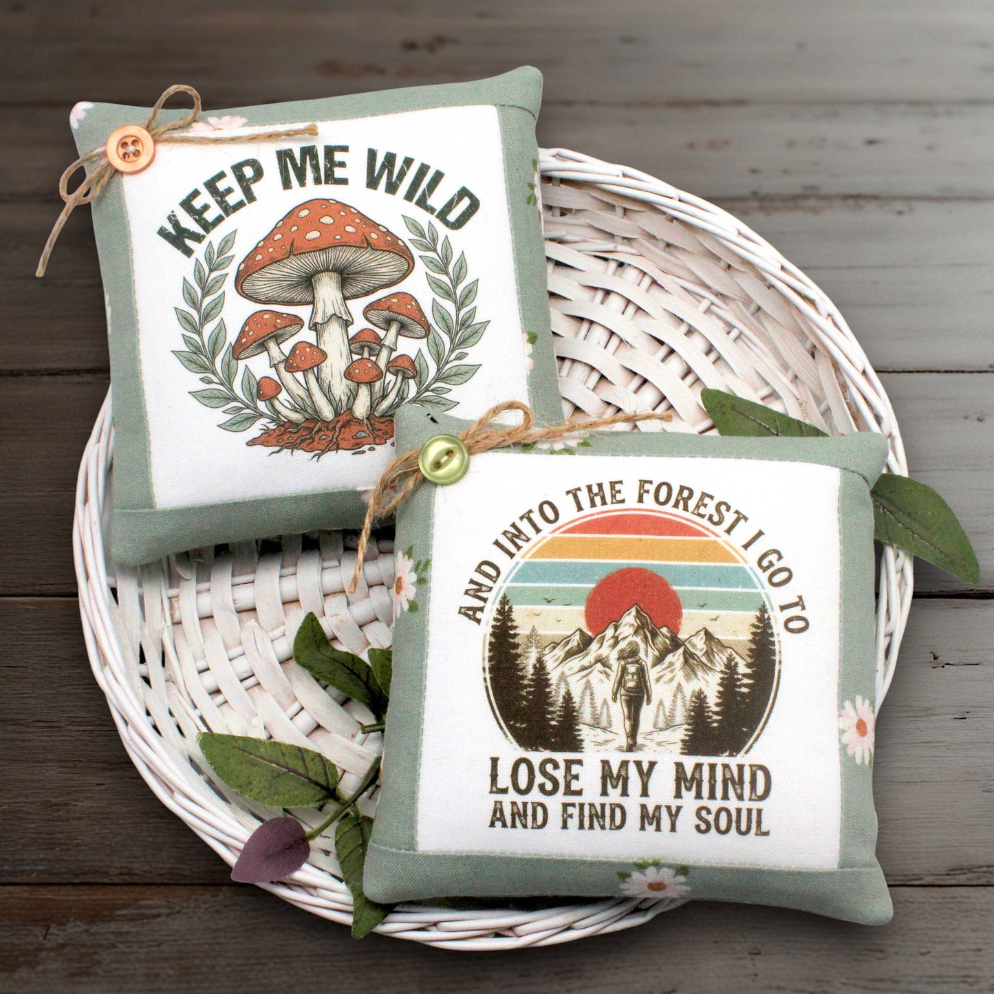 Set of two mini  pillow bowl fillers with inspirational forest and mountain messaging