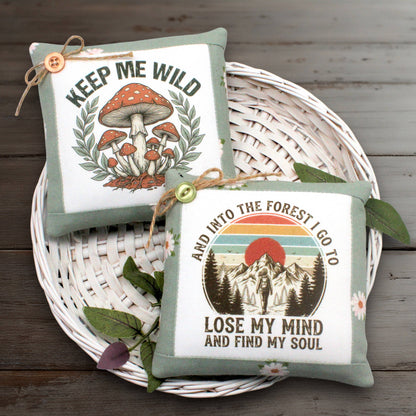 Set of two mini  pillow bowl fillers with inspirational forest and mountain messaging